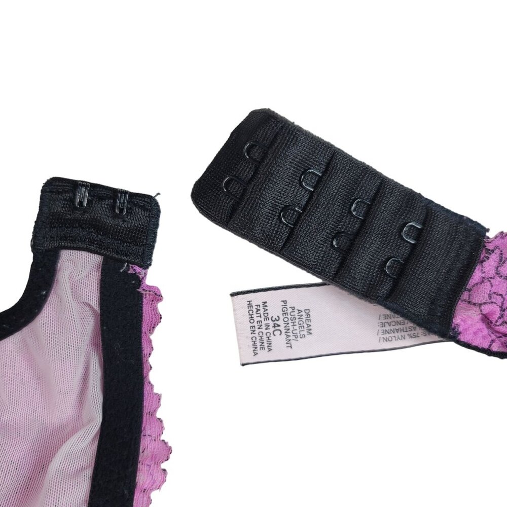 Victoria's Secret Push-Up Bra Pink Black 34C Lace Floral Underwire Dream Angels - Picture 8 of 12